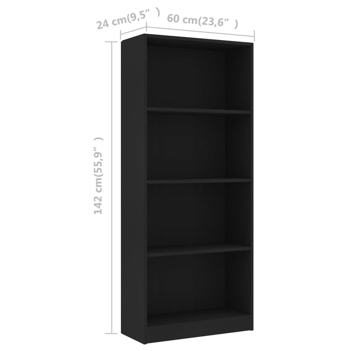 bogreol med 4 hylder 60x24x142 cm konstrueret træ sort