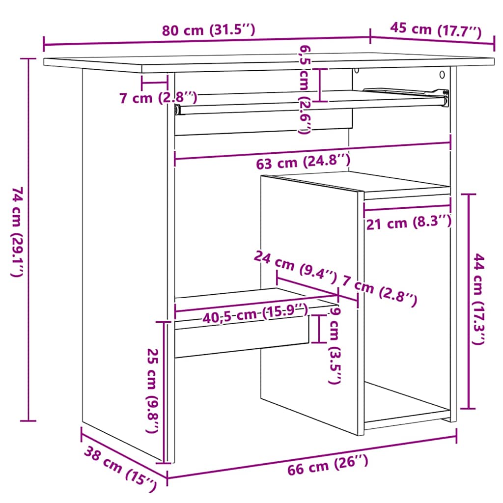 skrivebord 80x45x74 cm konstrueret træ sonoma-eg