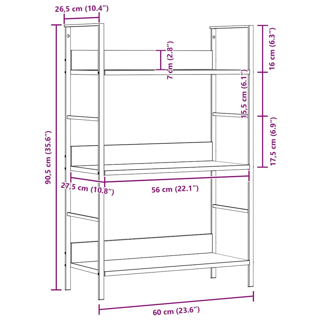 bogreol med 3 hylder 60x27,6x90,5 cm konstrueret træ egetræ