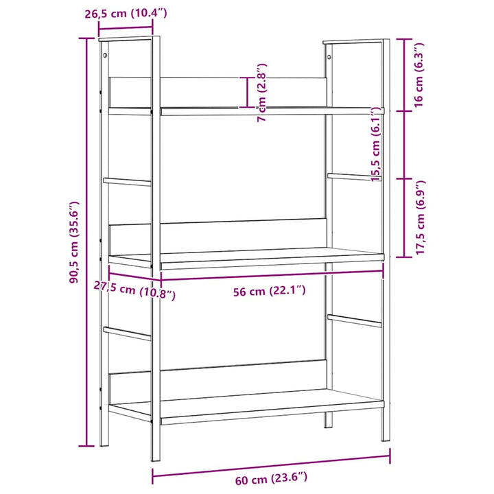 bogreol 60x27,6x90,5 cm 3 hylder konstrueret træ egetræsfarve