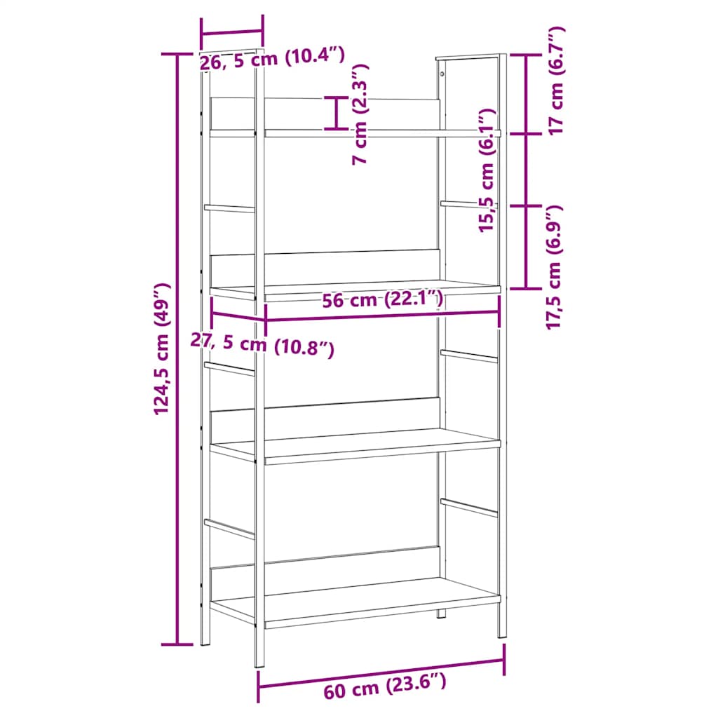 bogreol med 3 hylder 60x27,6x124,5 cm konstrueret træ hvid