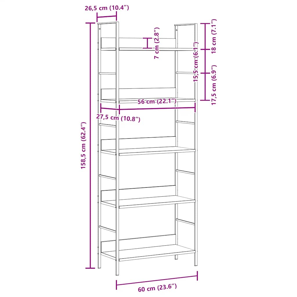 bogreol med 5 hylder 60x27,6x158,5 cm konstrueret træ sort