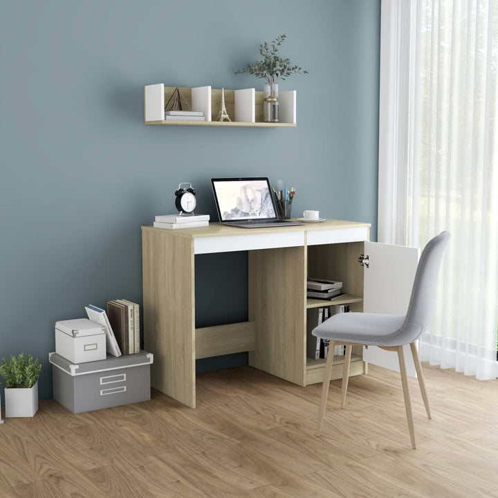 skrivebord 100x50x76 cm konstrueret træ hvid og sonoma-eg