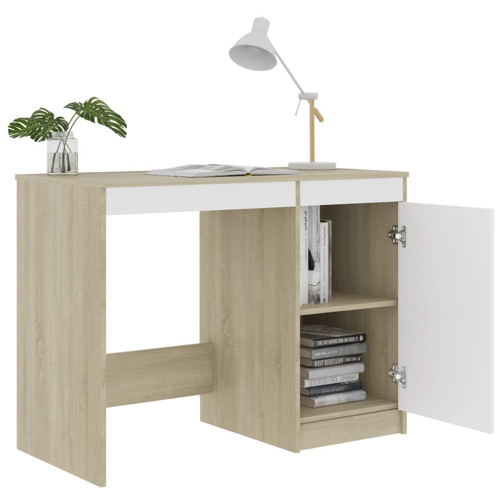 skrivebord 100x50x76 cm konstrueret træ hvid og sonoma-eg