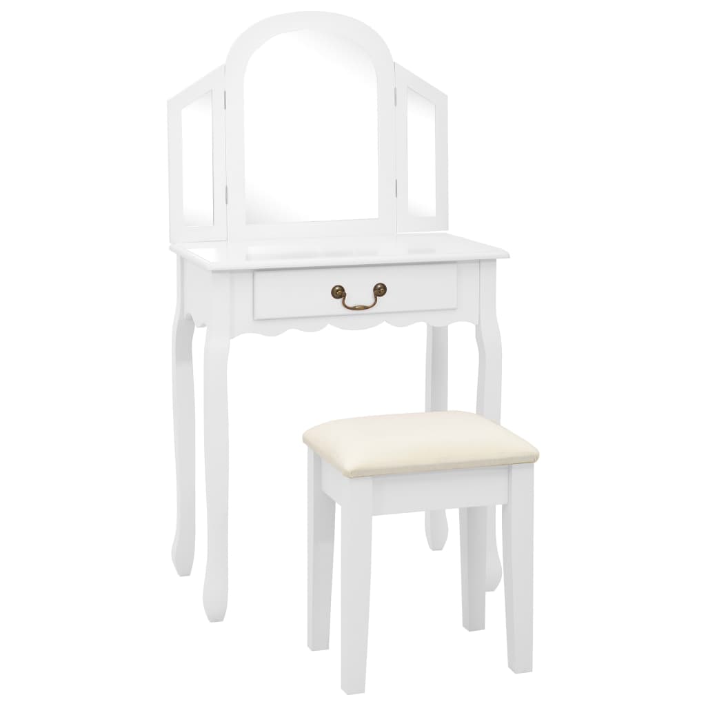 kosmetikbord med taburet 65x36x128 cm kejsertræ MDF hvid