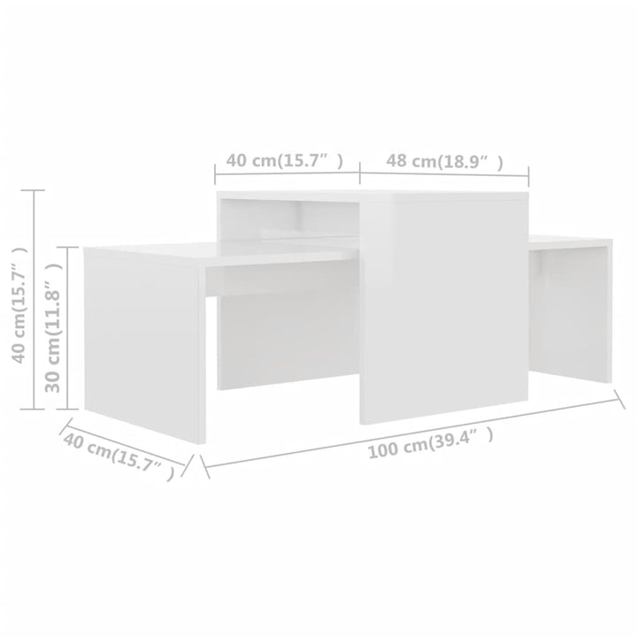 sofabordssæt 100x48x40 cm konstrueret træ hvid højglans