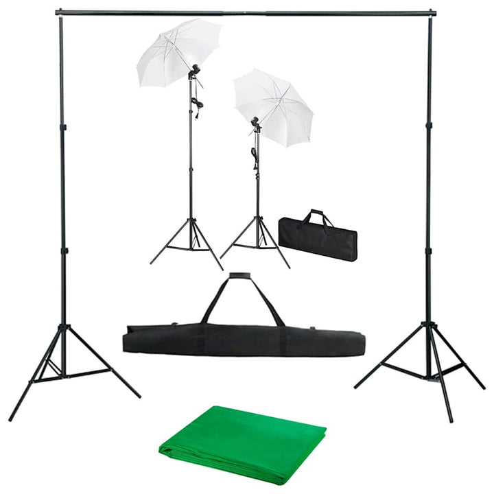 fotostudieudstyr med baggrund, lamper og paraplyer