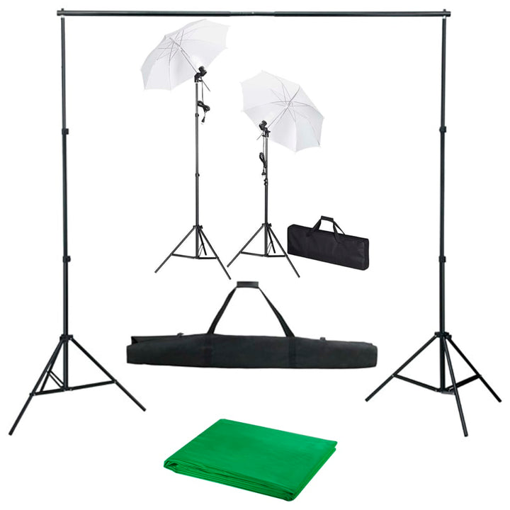 fotostudiesæt med baggrund, lamper og paraplyer