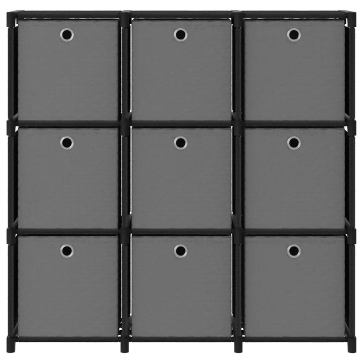 reol med 9 rum og kasser 103x30x107,5 cm stof sort