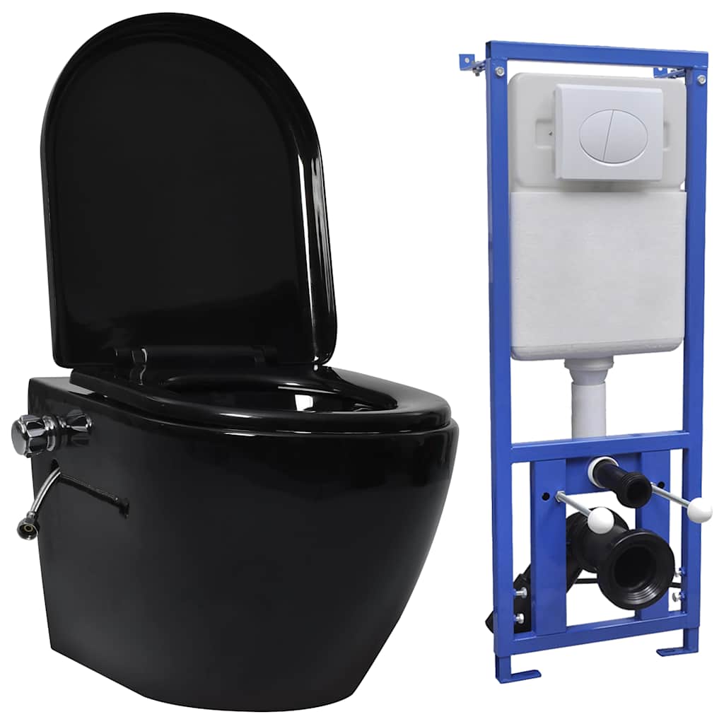 væghængt toilet uden kant og med skjult cisterne keramik sort