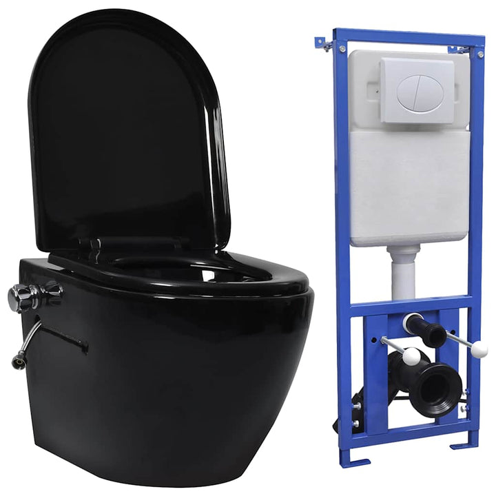 væghængt toilet uden kant og med skjult cisterne keramik sort