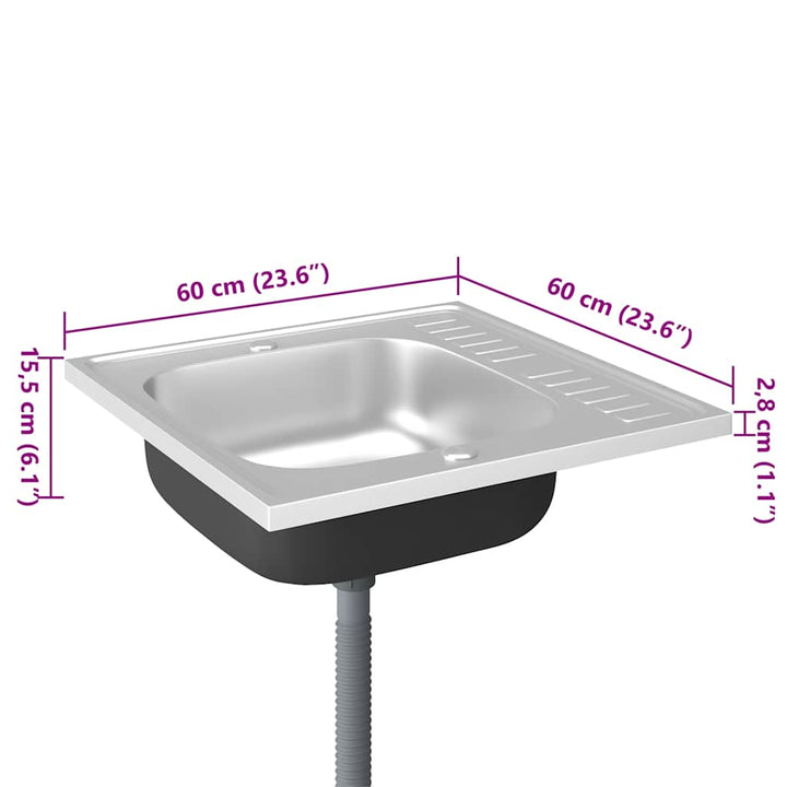 køkkenvask med afløbssæt 600x600x155 mm rustfrit stål sølv