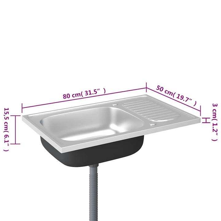 køkkenvask med afløbssæt 800x500x155 mm rustfrit stål sølv