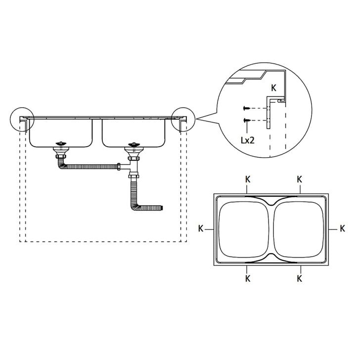 køkkenvask med 2 bassiner 1200x500x155 mm rustfrit stål sølv