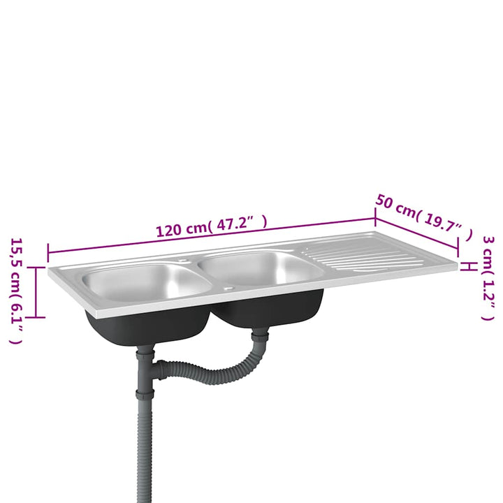 køkkenvask med 2 bassiner 1200x500x155 mm rustfrit stål sølv