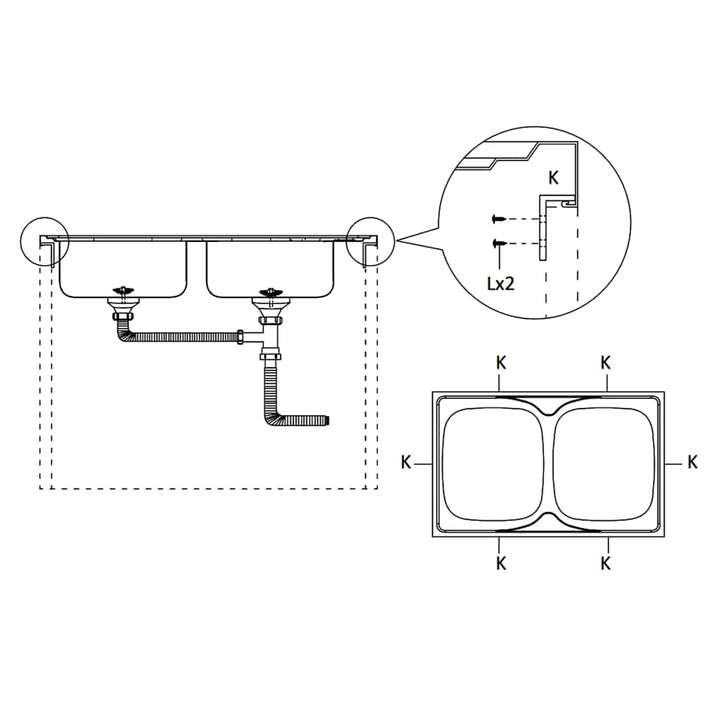 køkkenvask med 2 bassiner 1200x600x155 mm rustfrit stål sølv
