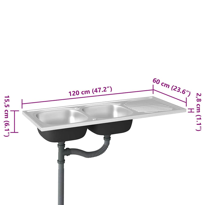 køkkenvask med 2 bassiner 1200x600x155 mm rustfrit stål sølv
