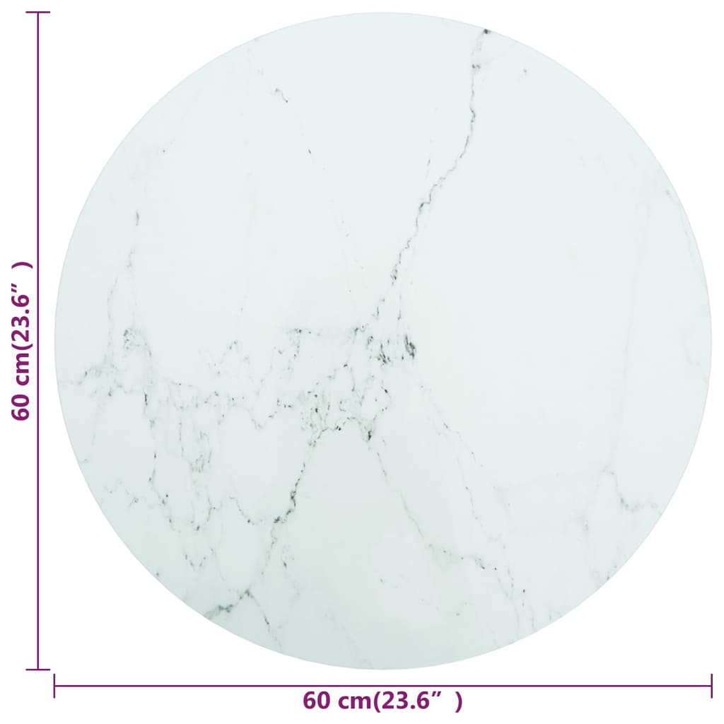 bordplade Ø60x0,8 cm hærdet glas med marmordesign hvid