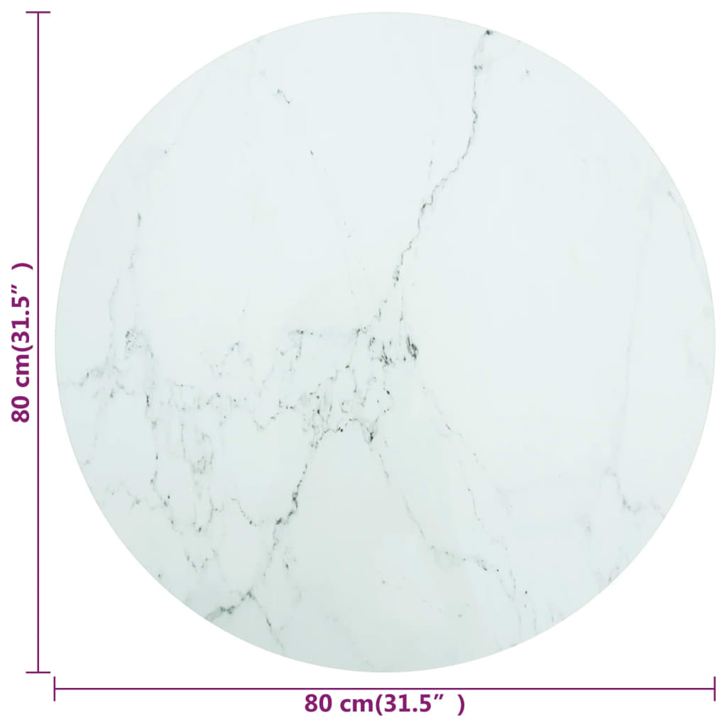 bordplade Ø80x1 cm hærdet glas med marmordesign hvid