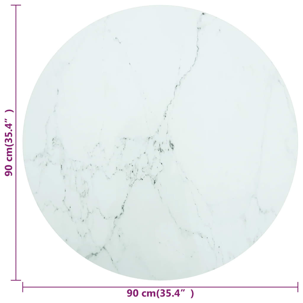 bordplade Ø90x1 cm hærdet glas med marmordesign hvid