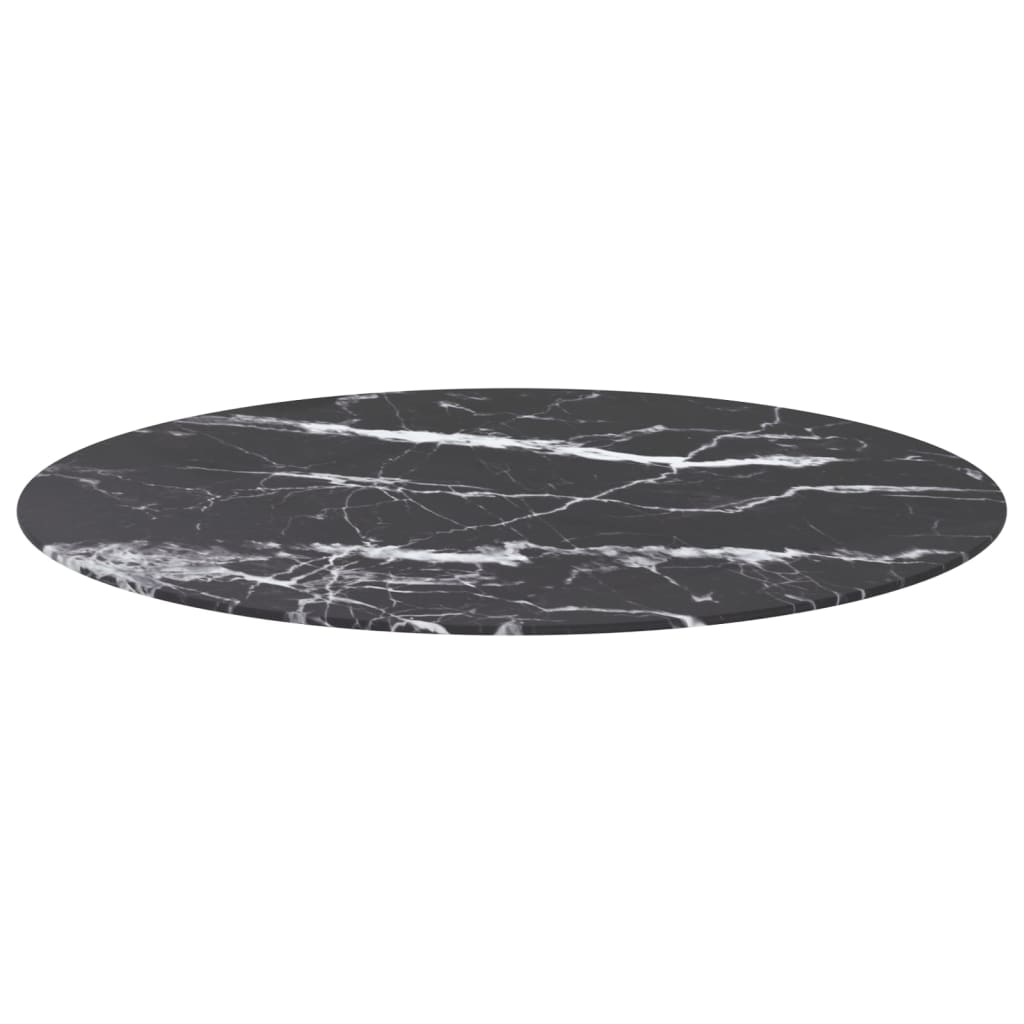 bordplade Ø90x1 cm hærdet glas med marmordesign sort