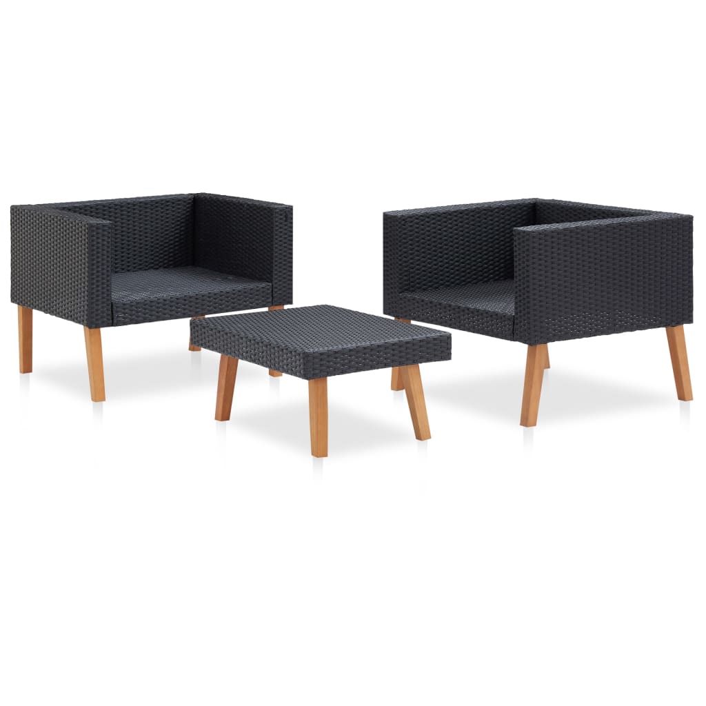 loungesæt til haven 3 dele med hynder polyrattan sort