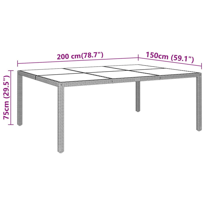 havebord 200x150x75 cm hærdet glas og polyrattan beige