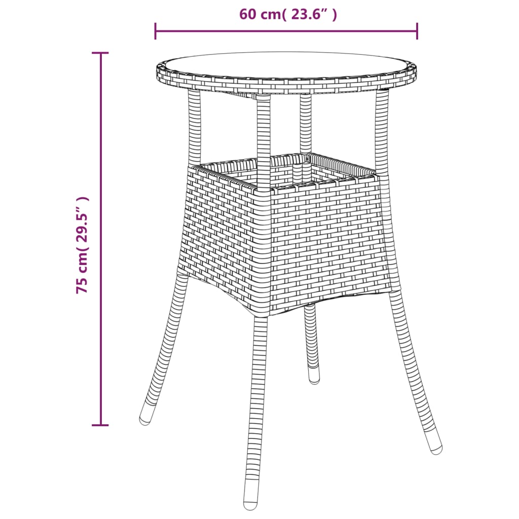 havebord Ø60x75 cm hærdet glas og polyrattan grå