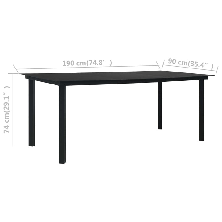 havebord 190x90x74 cm stål og glas sort