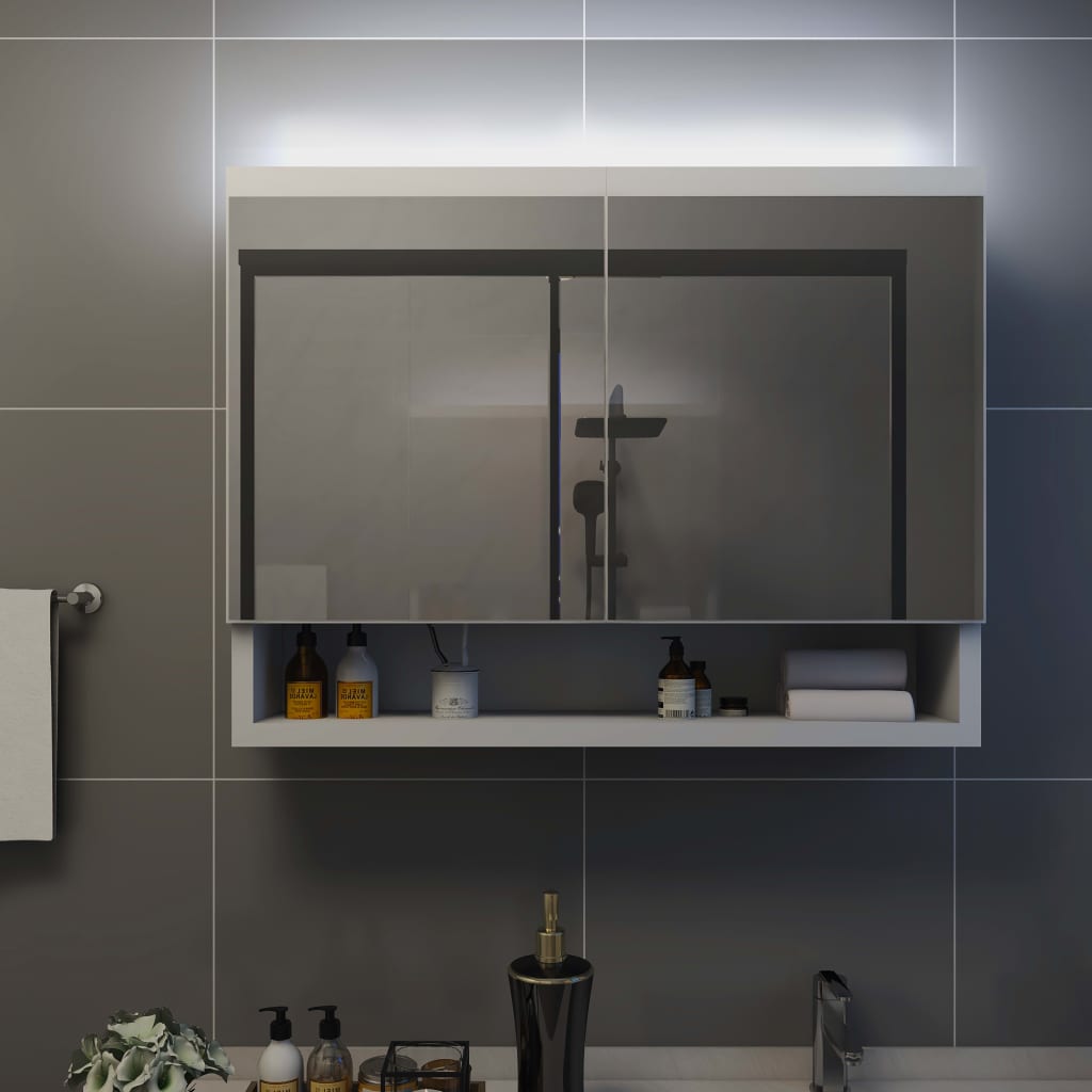 badeværelsesskab med spejl + LED 80x15x60 cm MDF hvid