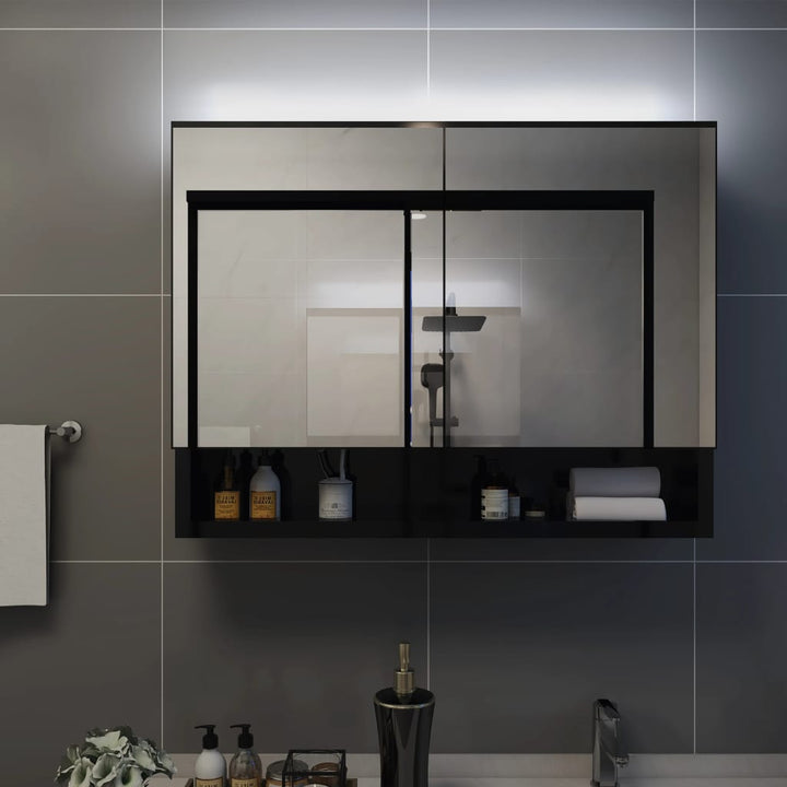 badeværelsesskab med spejl + LED 80x15x60 cm MDF sort