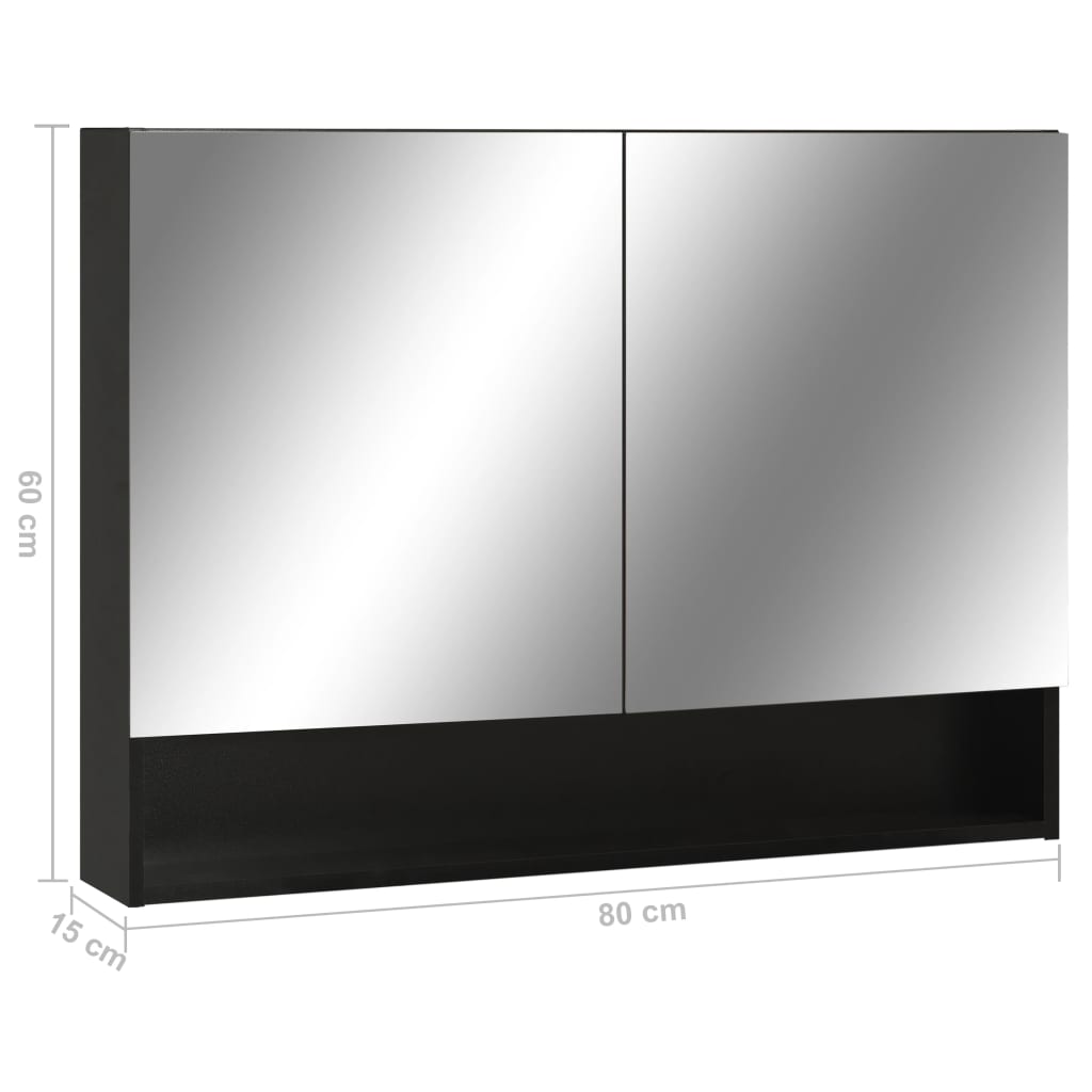 badeværelsesskab med spejl + LED 80x15x60 cm MDF sort