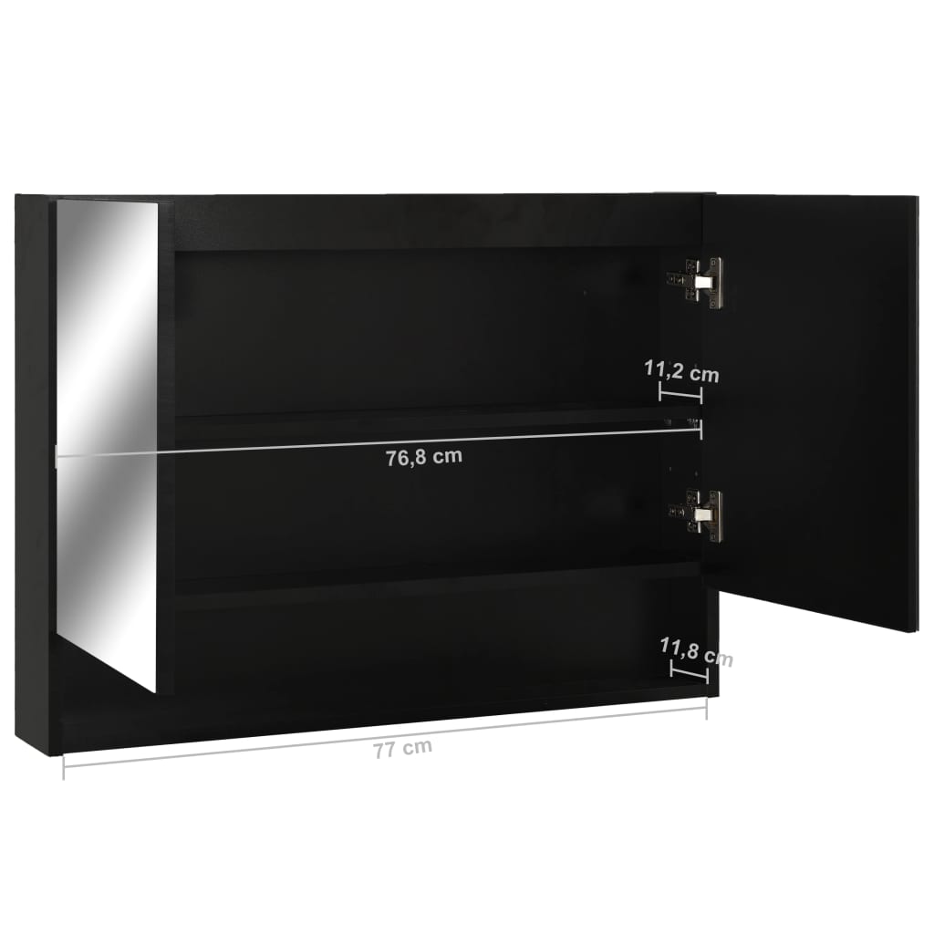 badeværelsesskab med spejl + LED 80x15x60 cm MDF sort