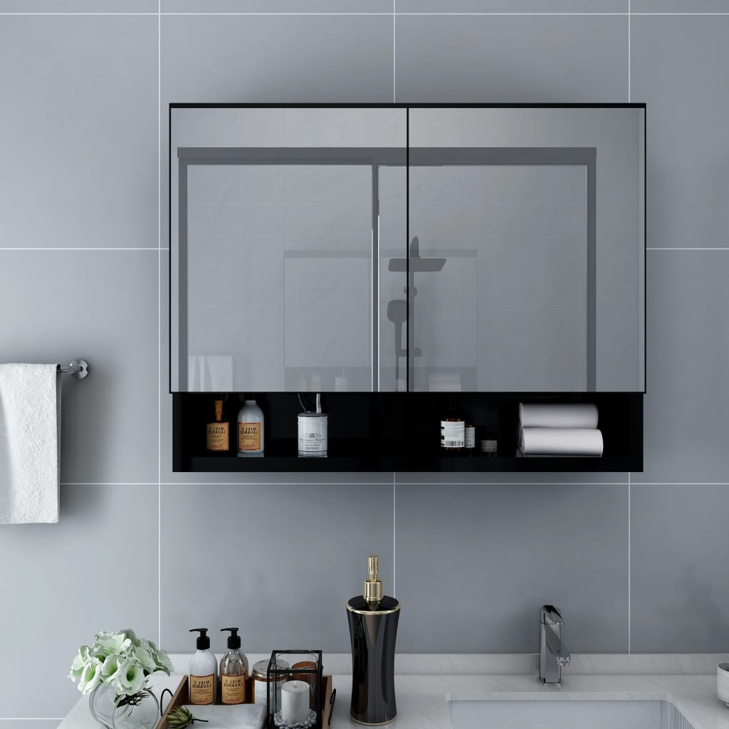 badeværelsesskab med spejl + LED 80x15x60 cm MDF sort