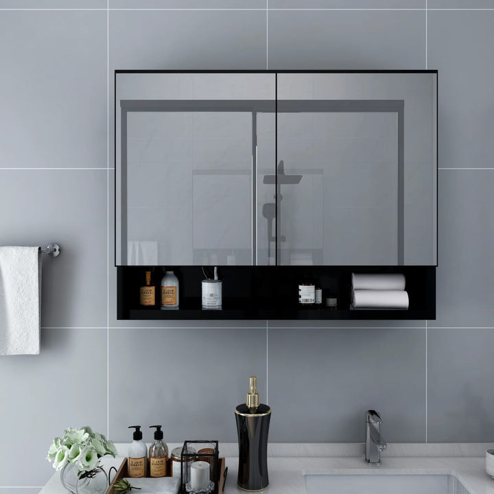 badeværelsesskab med spejl + LED 80x15x60 cm MDF sort