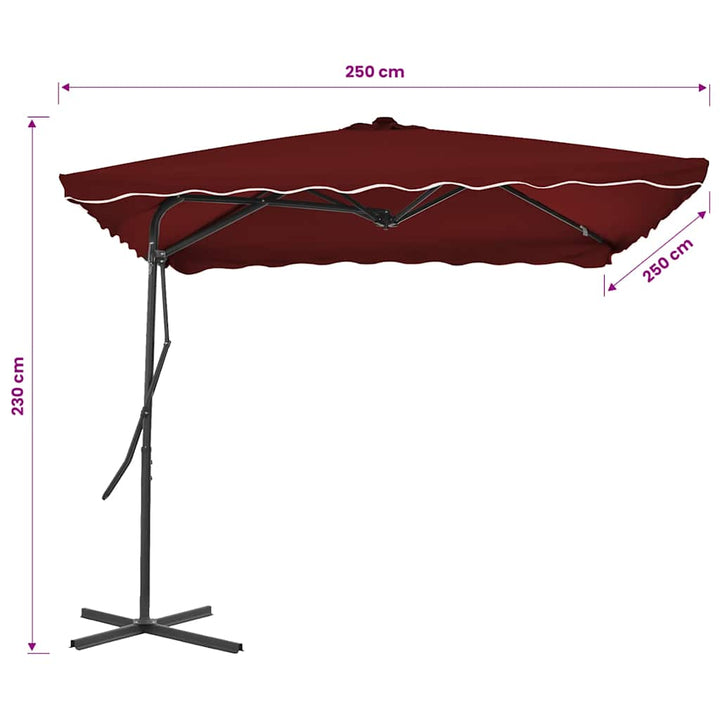 parasol med stålstang 250x250x230 cm bordeauxfarvet