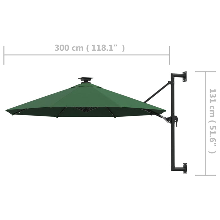 væghængt parasol m. LED-lys 300 cm grøn