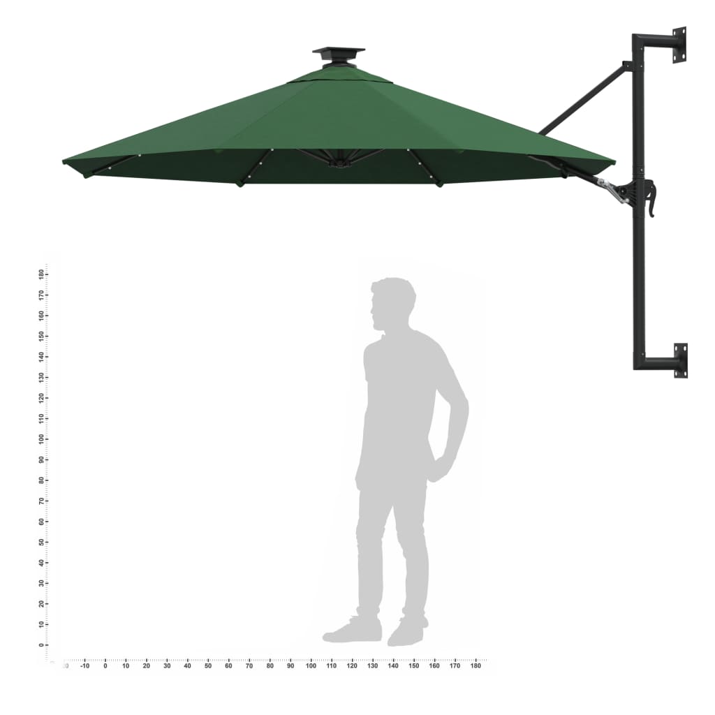 væghængt parasol m. LED-lys 300 cm grøn