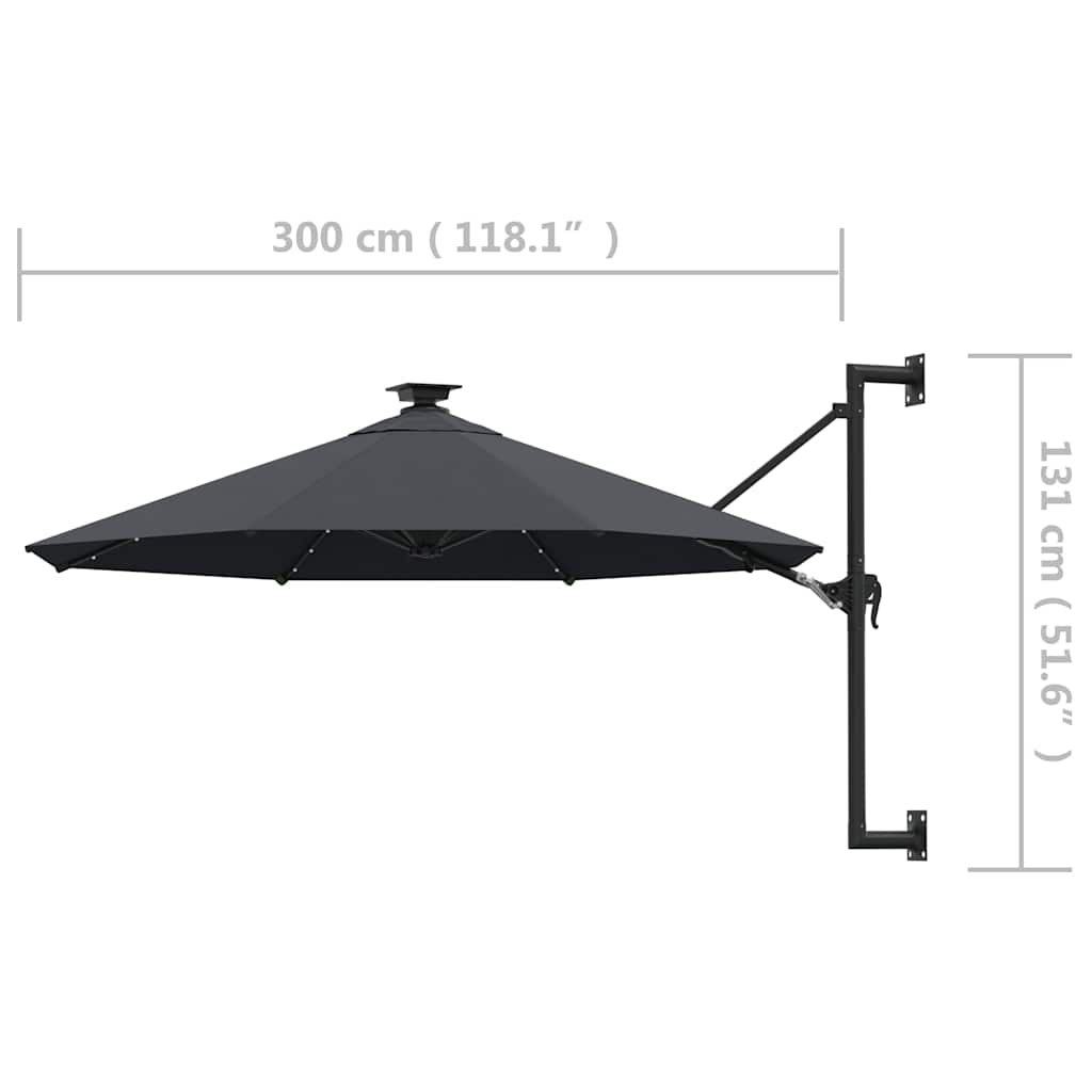 væghængt parasol m. LED-lys 300 cm antracitgrå