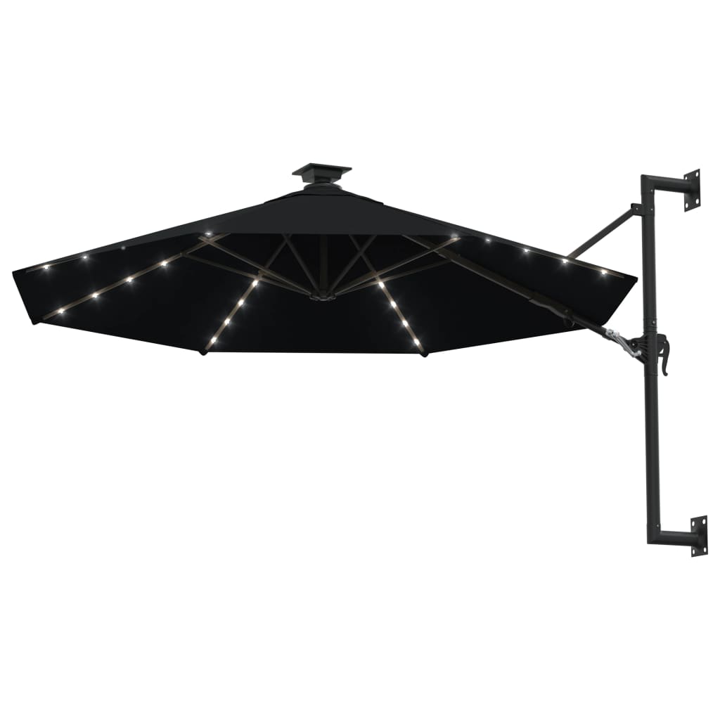 væghængt parasol m. LED-lys 300 cm sort