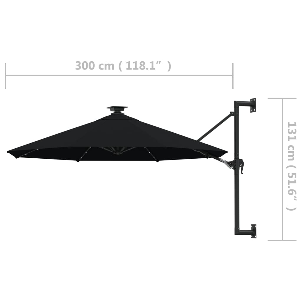 væghængt parasol m. LED-lys 300 cm sort
