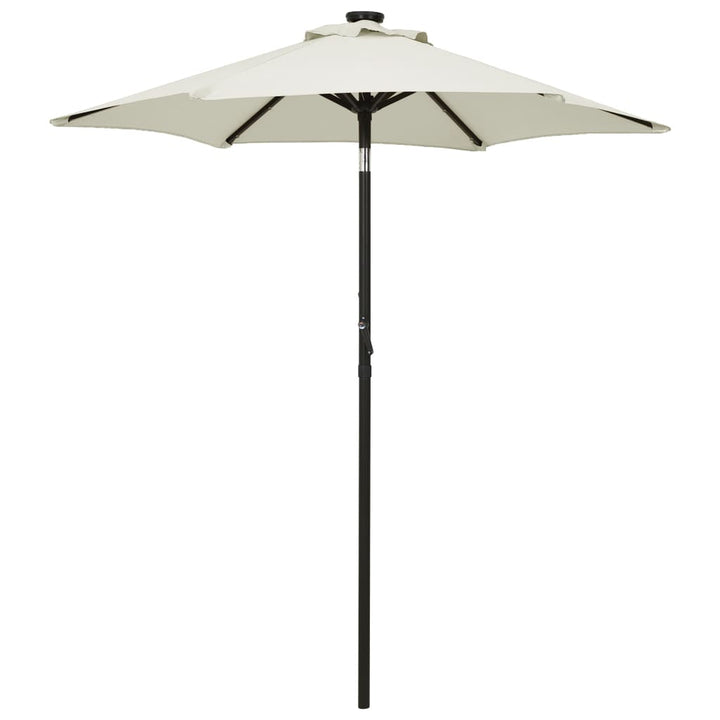 parasol med LED-lys 200x211 cm aluminium sandfarvet