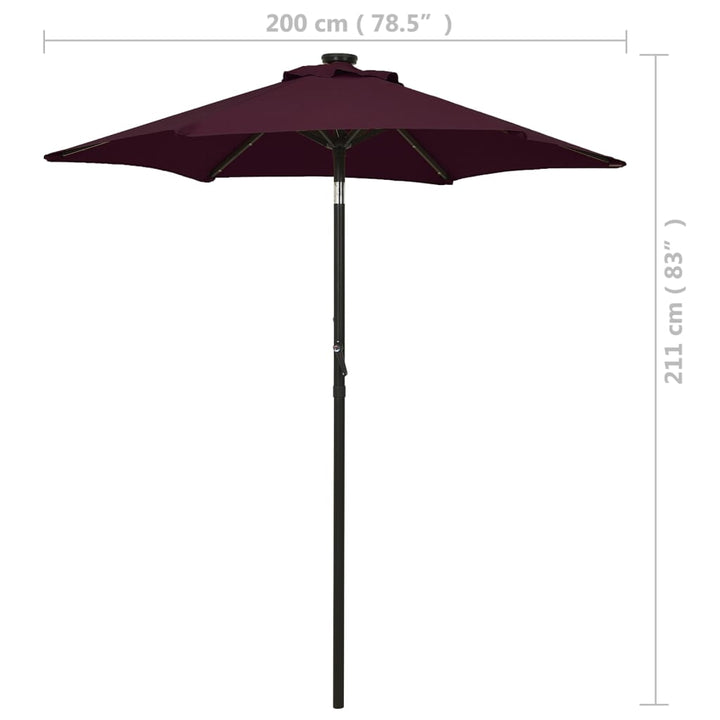 parasol med LED-lys 200x211 cm aluminium bordeauxrød