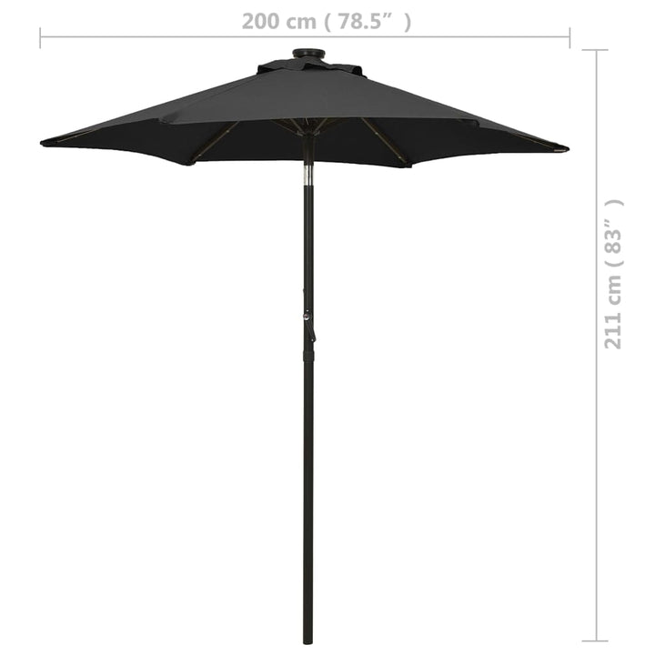 parasol med LED-lys 200x211 cm aluminium sort