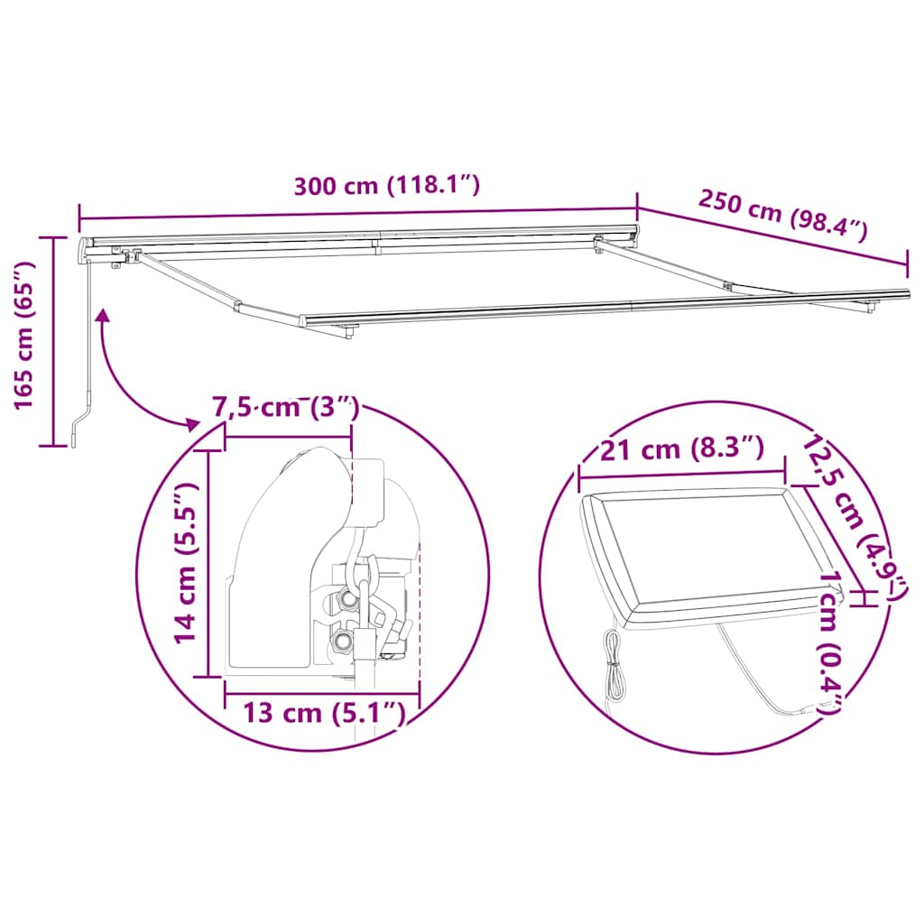 Markiseramme med LED -strimmellys Hvid 300 x 250 cm Aluminium