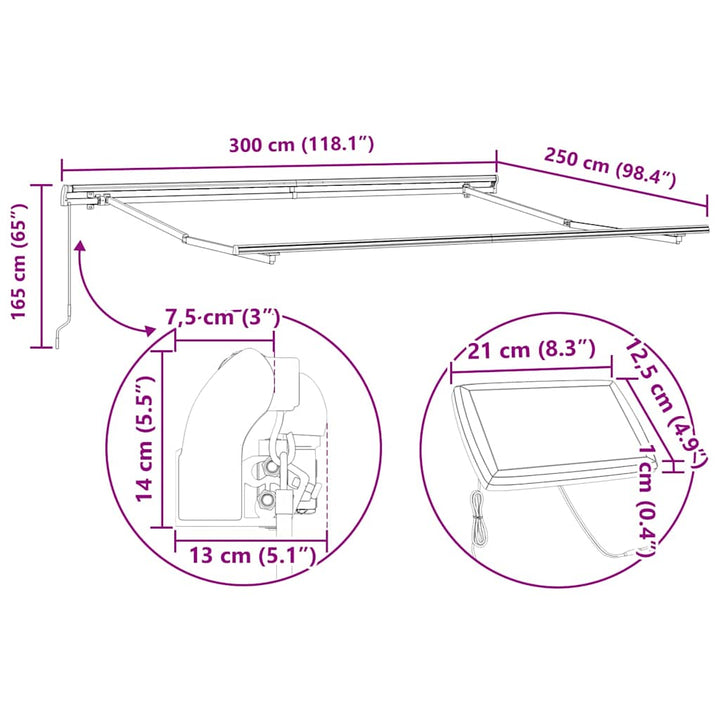 Markiseramme med LED -strimmellys Hvid 300 x 250 cm Aluminium