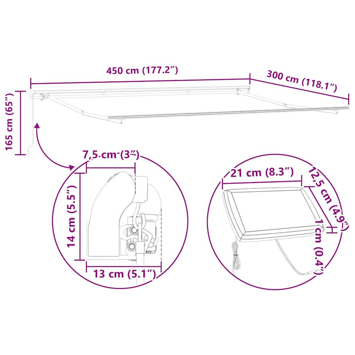 Markiseramme med LED -strimmellys Hvid 450 × 300 cm Aluminium
