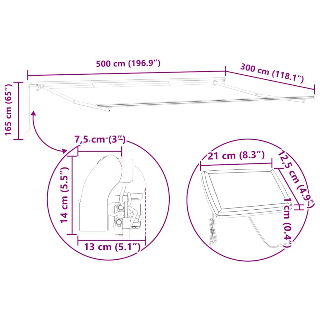 Markiseramme med LED -strimmellys Hvid 500 × 300 cm Aluminium