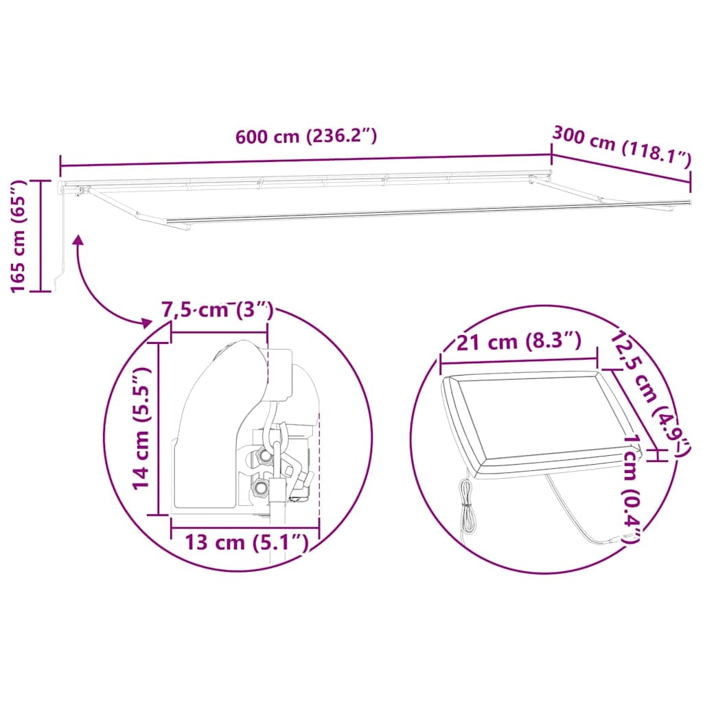 Markiseramme med LED -strimmellys Hvid 600 × 300 cm Aluminium
