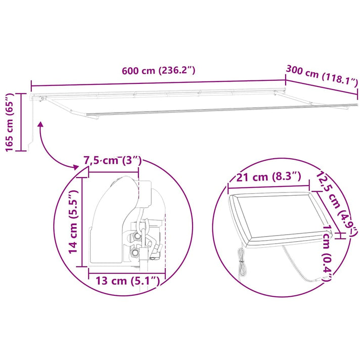 Markiseramme med LED -strimmellys Hvid 600 × 300 cm Aluminium